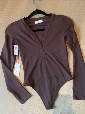 Babaton Chocolate Brown Long-Sleeve Henley Bodysuit